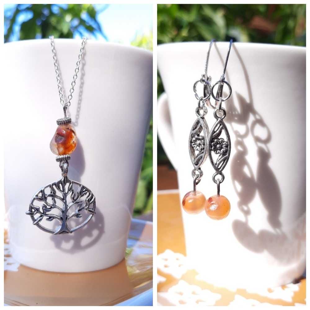 Red Agate Tree Necklace & Floral Earrings Bundle